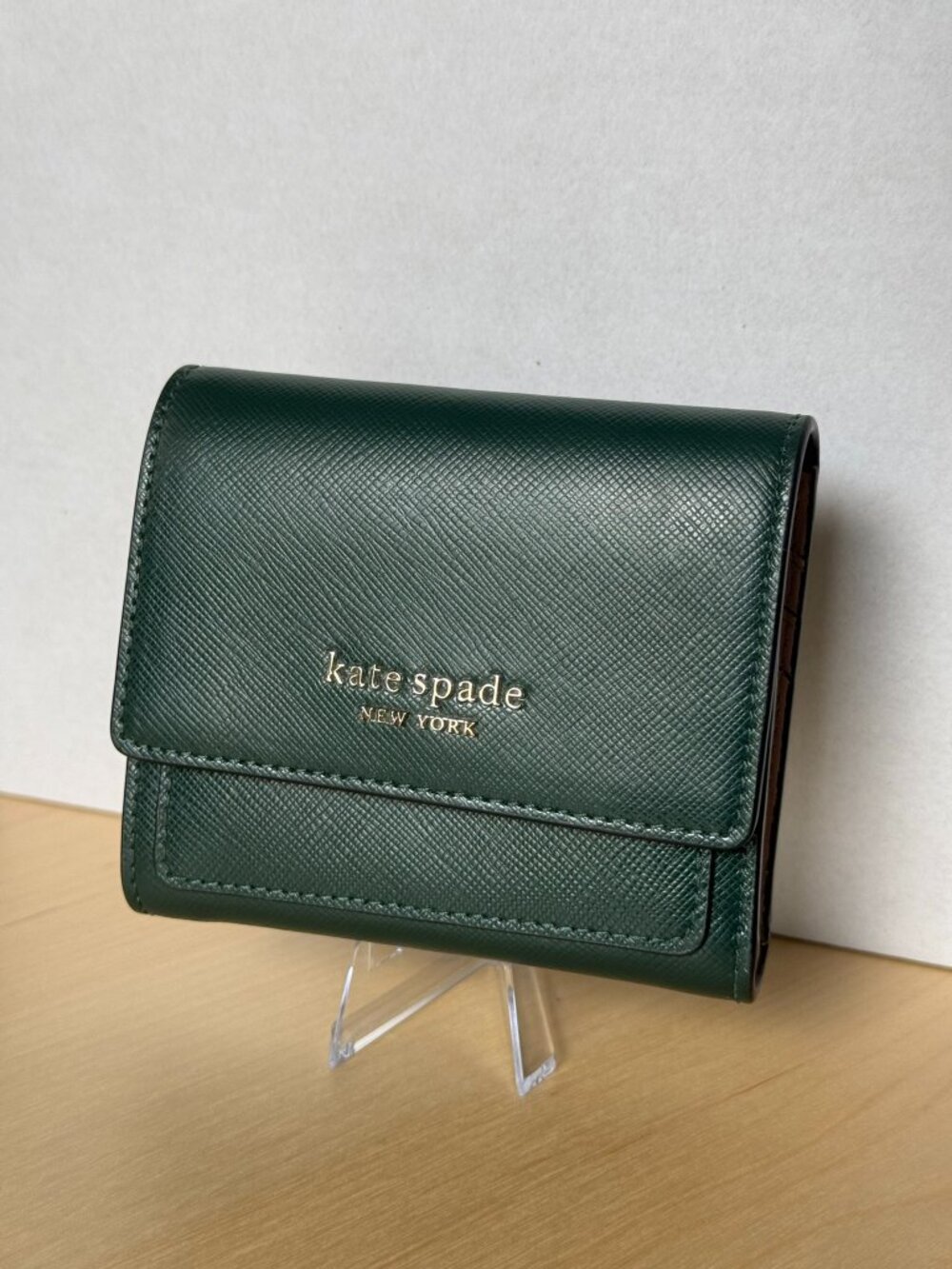 Kate Spade New York Green Saffiano Leather Small Bifold Wallet Gold Tone